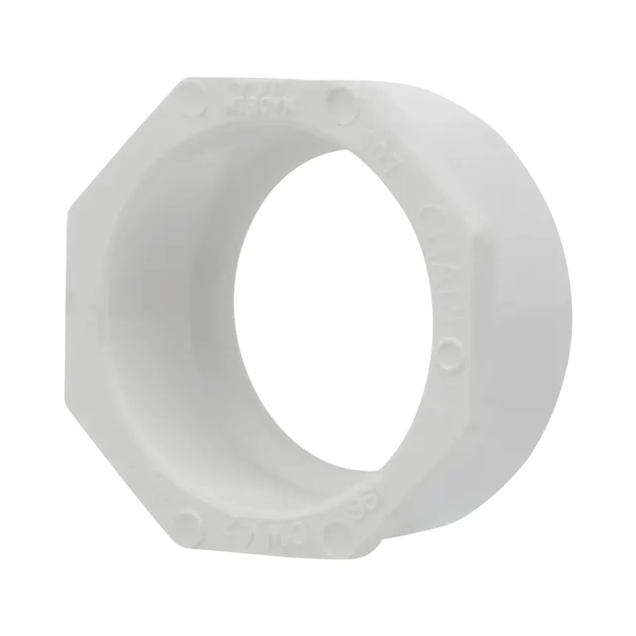 The Go Build 2 in. x 1-1/2 in. PVC DWV Flush Bushing features an octagonal exterior and circular inner opening, ideal for connecting pipes of different sizes in sanitary drainage or vent piping systems.